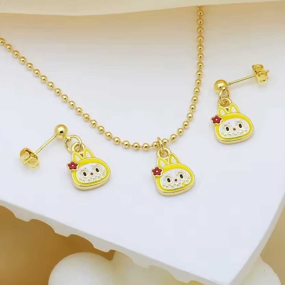 Gold Tone The Monsters Labubu Yellow Head Flower Necklace & Earrings Set
